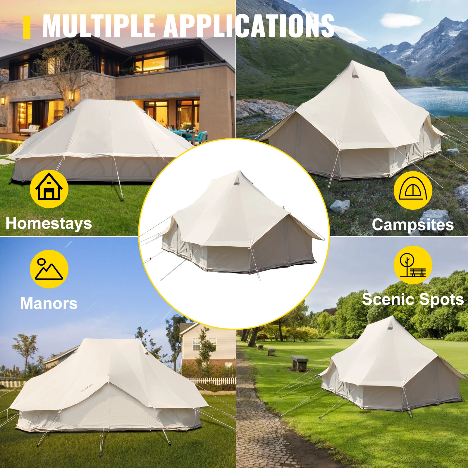 VEVOR 8-12 People Bell Tent Canvas Yurt Tents 19.7x13.1x9.8 ft Canvas Tent Beige For Camping Family Tent Activities Weddings