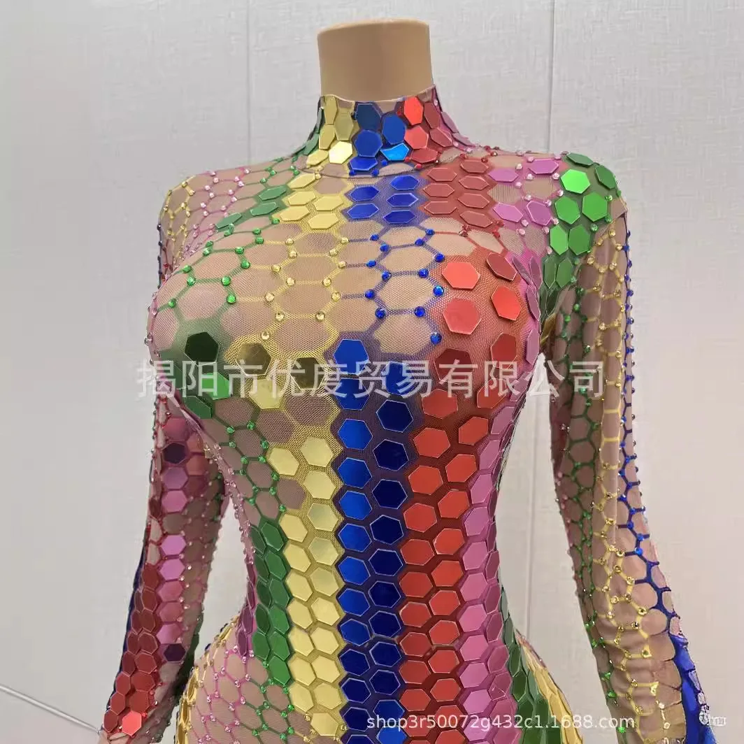 Irregular Colorful Lens Design Rhinestone Personalized Jumpsuit Female Singer Night DJ Party Performance Color Film Partykleider