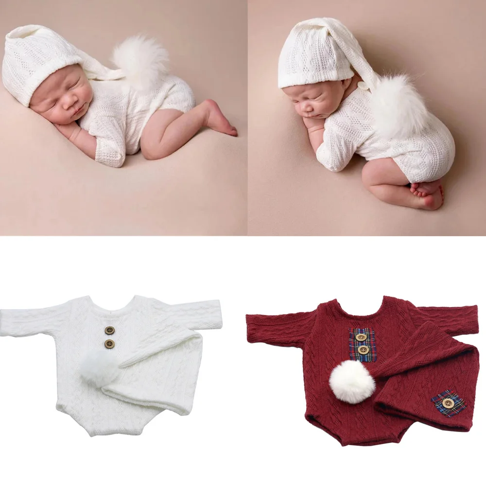 

Baby Christmas Clothes New Born Photography Props Outfit Hat Bodysuit Romper Knitting Costume Babi Photo Shoot Suit Accessories