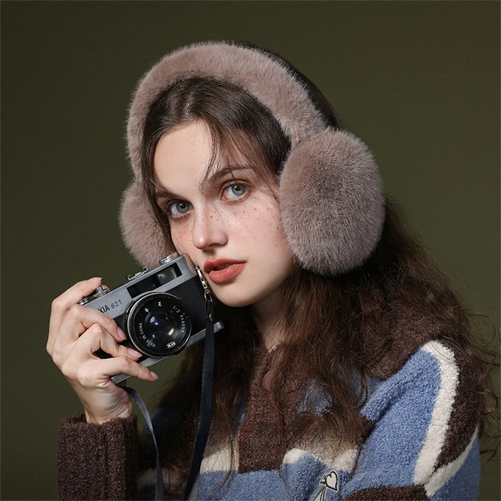 Winter Warm Ear Muffs Women\'s Fluffy Rabbit Fur Muffs Outdoor Foldable Headphone Plush Ear Cover Unisex Fashion Solid Earlap