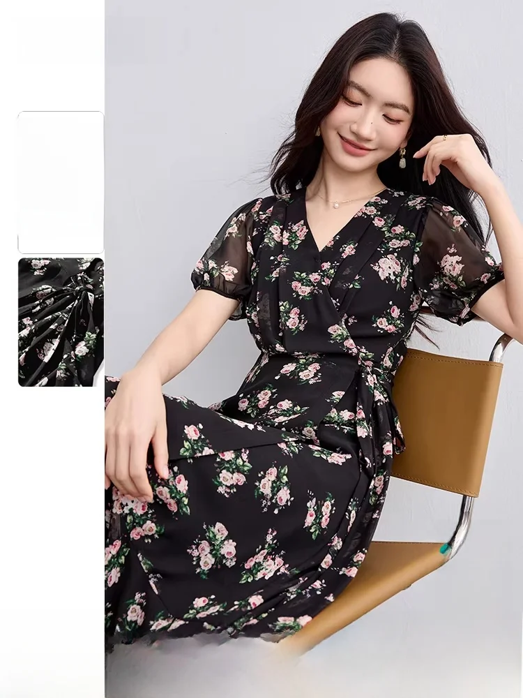 

Romantic Elegant V-Neck Waisted Bubble Short Sleeve Lightweight Drifting Floral Chiffon Dress Summer Commute Style Women's Dress
