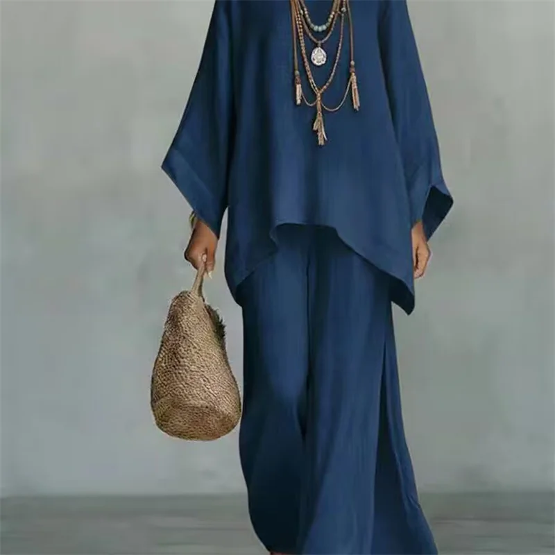 Loose Ramie Set For Women Large Size With Bat Sleeves V-neck Cotton Linen T-shirt Casual Lantern Pants Two-Piece Set For Summer