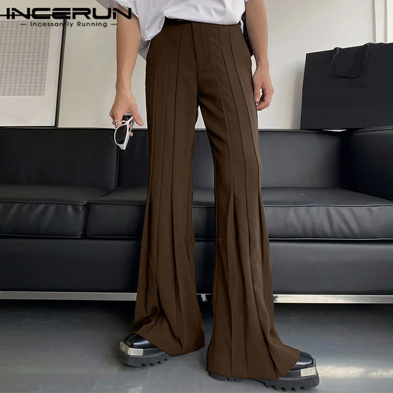 INCERUN Men Pants Solid Color Pleated Joggers Korean Style Casual Trousers Men Streetwear 2024 Fashion Leisure Long Pants S-5XL