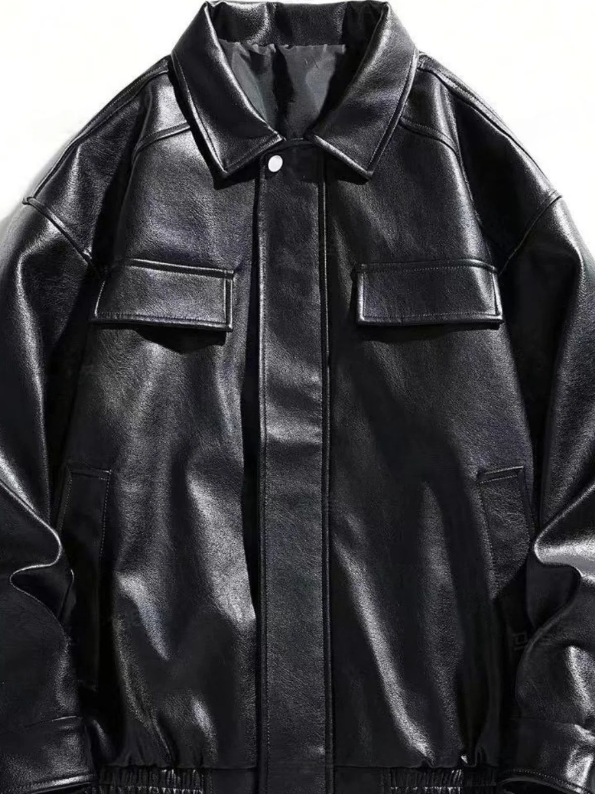 

Trendy American Sle Pilot PU Leather Jaet Youth Loose Fit Long Zipper Coat Simplici European And American Sle