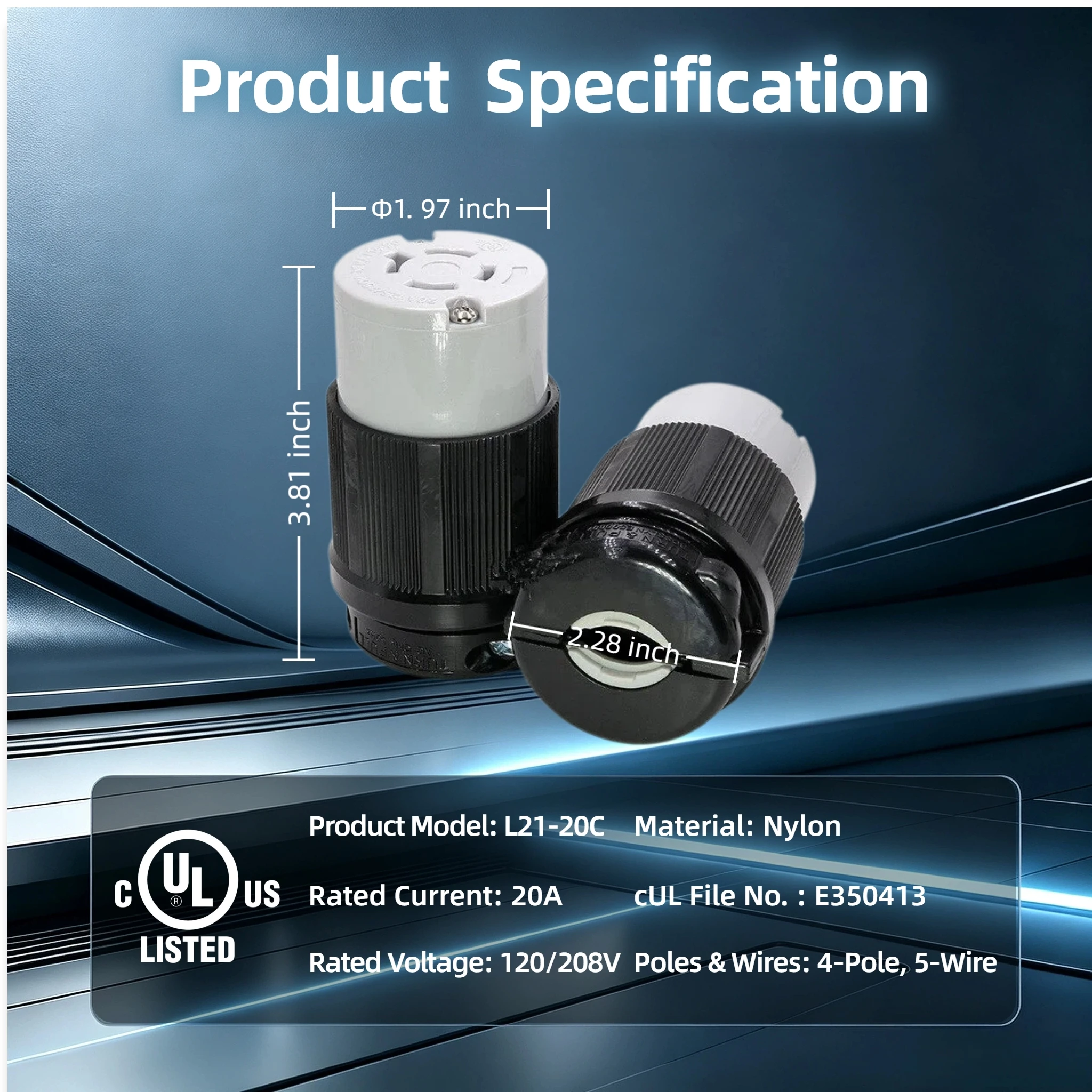 NEMA L21-20C Twist Lock Connector 20A 120/208V 4-Pole 5-Wire Industrial Locking Connector for Generator, Industrial Equipment