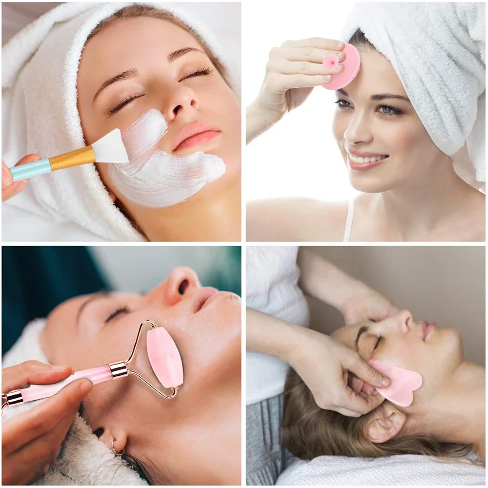 6 sztuk/zestaw Rose Jade Roller Gua Sha zestaw szczotka do twarzy naturalny skrobak kwarcowy Jade kamień masaż masażer do twarzy narzędzie do ciała szyi lifting twarzy urządzenia pielęgnacja skóry uroda zdrowie