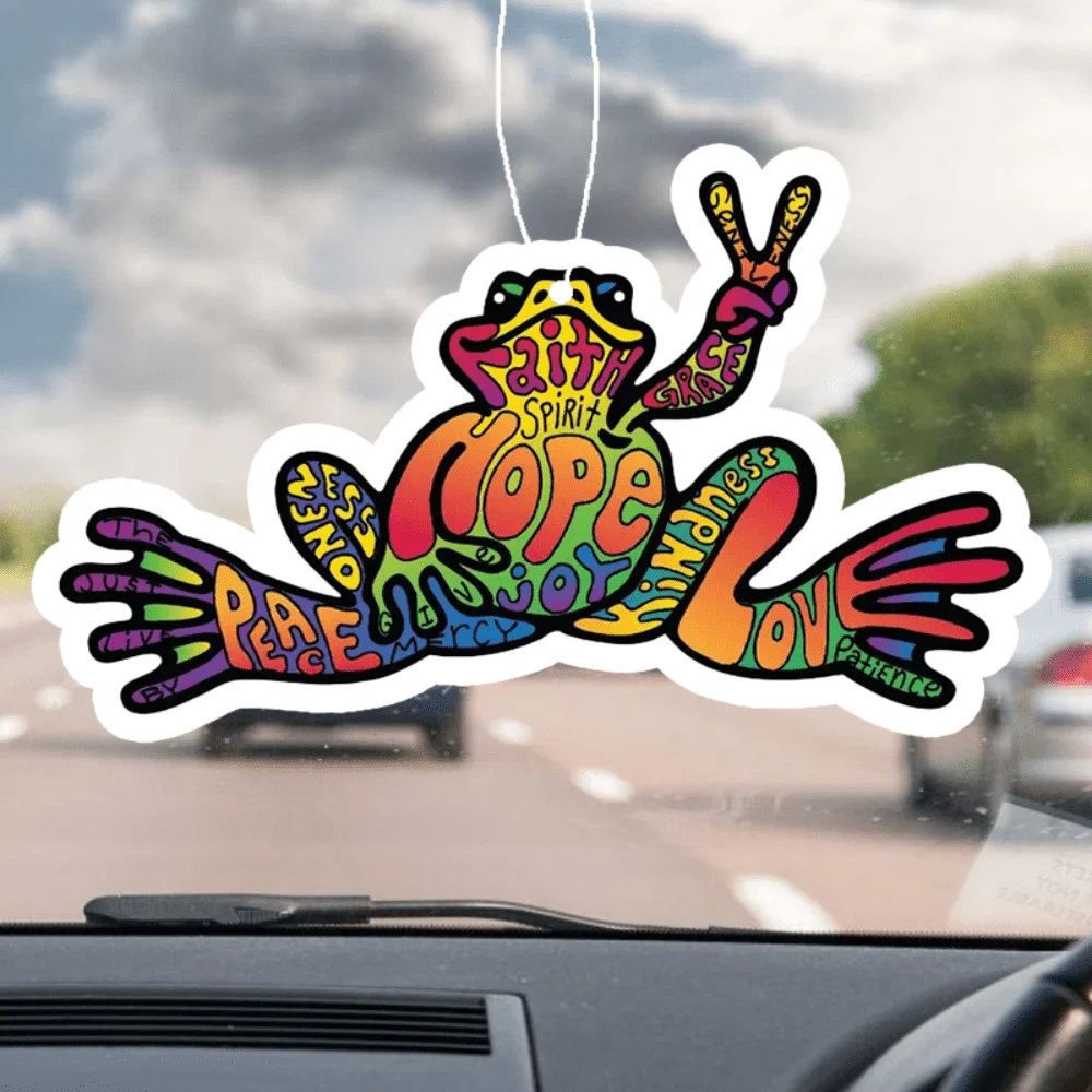 

Психоделическая вешалка для аромата автомобиля в стиле хиппи-лягушка — красочный дизайн «Faith Hope Love Peace», подвесное зеркало, стойкий аромат