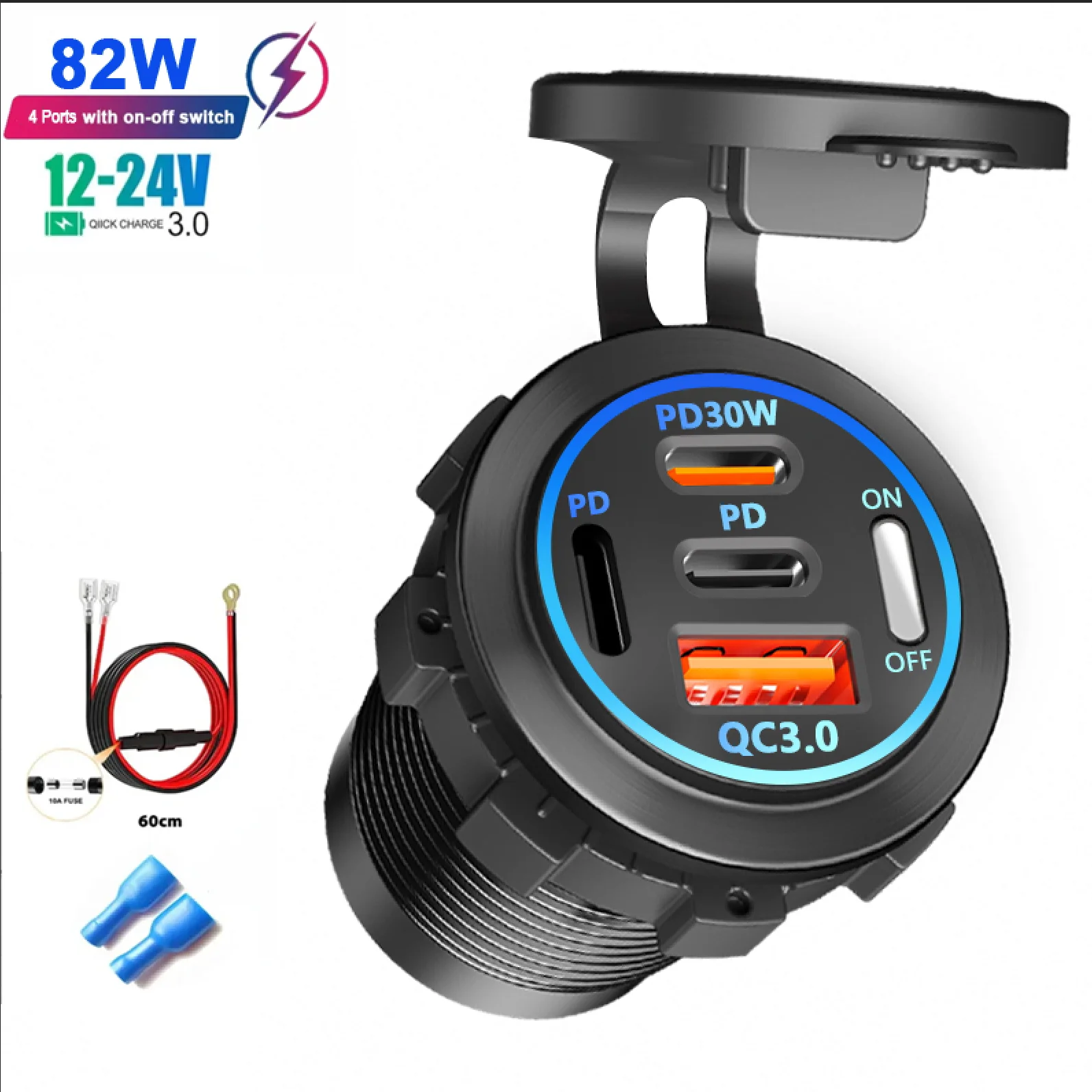 Autolader Socket Dual Type-C & Dual USB 4 Poorten Snel Opladen Socket Waterdicht met Voltmeter 12 V/24 V Voor Auto Boot Motor