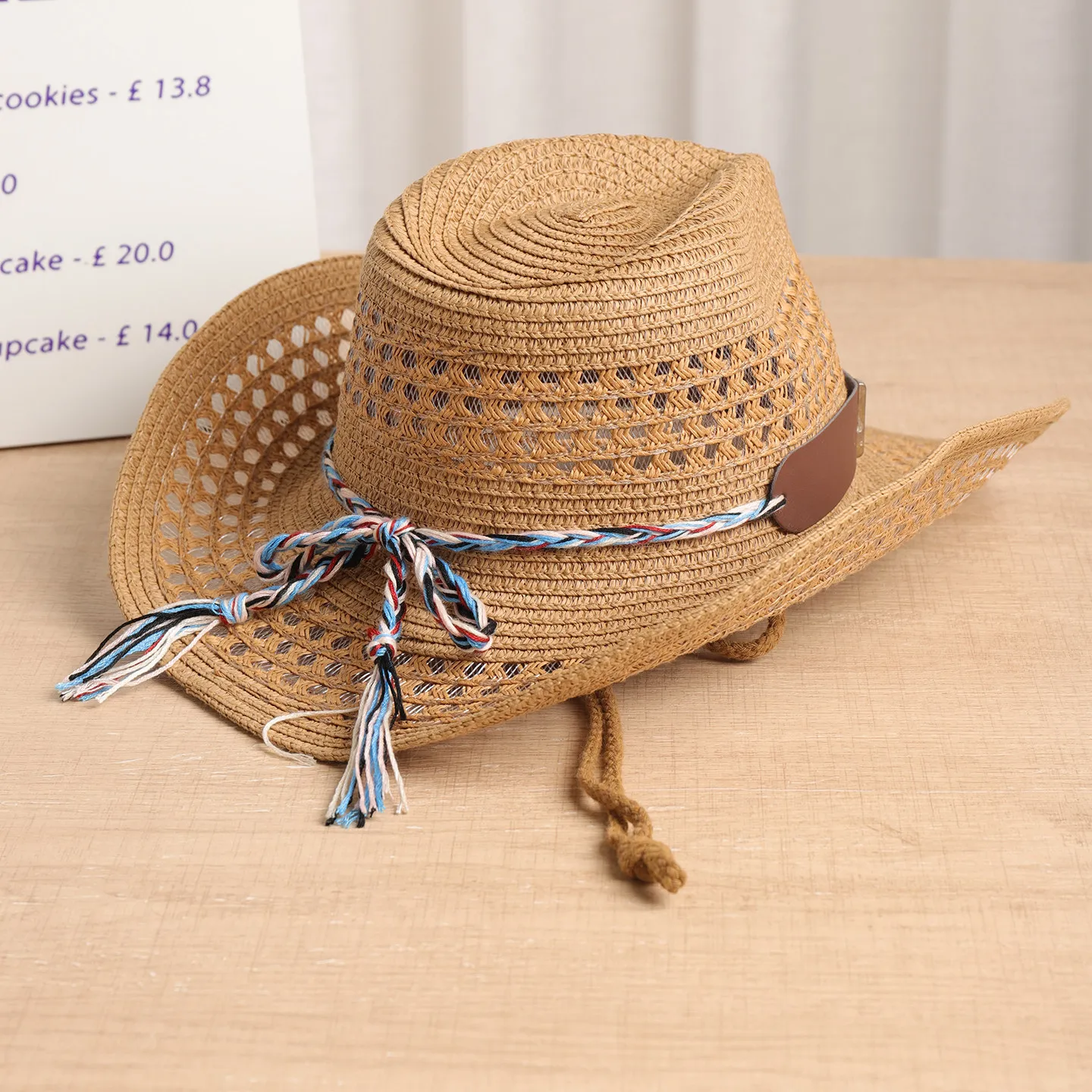 Ethnic Style Turquoise Embellished Hollow-Out Straw Western Cowboy Hat, Unisex Vintage Wide-Brim Sun Hat, Breathable Windproof Rope, Foldable Sun Protection Western Hat, Available in Multiple Colors
