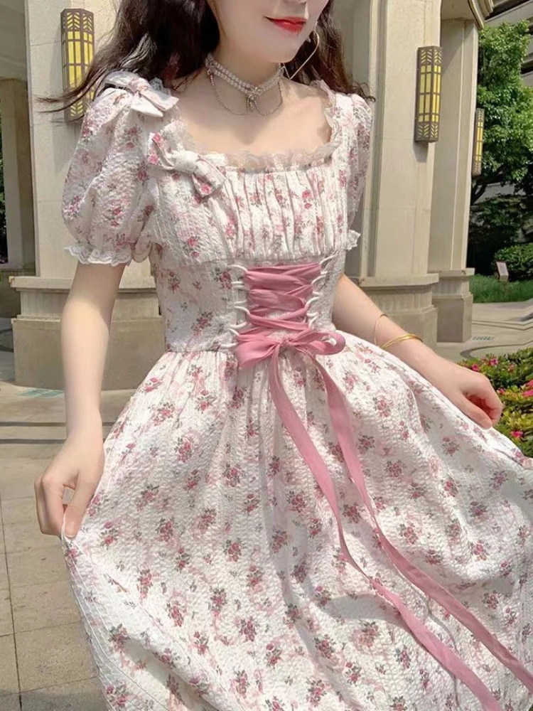 Floral Dresses Women Lace-up Puff Sleeve Sweet Princess College A-line French Style Fashion Aesthetic Summer Personality Classic