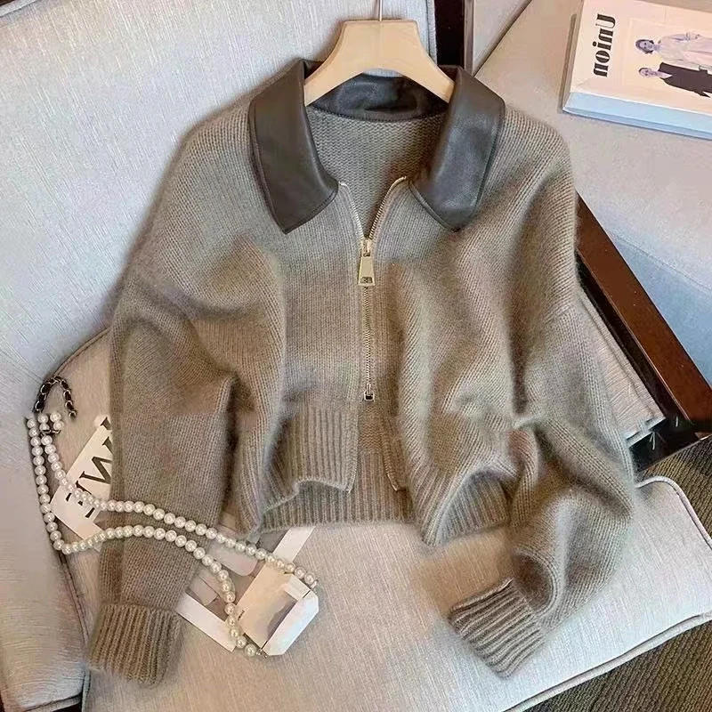 

Cardigan Women Vintage Double Zippers Patchwork Design Maillard Autumn Winter Chic All-match Knitting Female Gentle Slouchy Ins