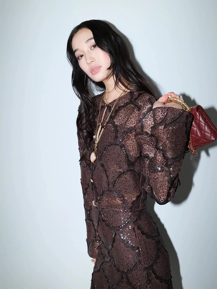 Spring High-end Bust Skirt Suit Women Long Sleeves Perspective Cardigan Tops+high Waist Sequin Skirt Autumn Female Two Piece Set