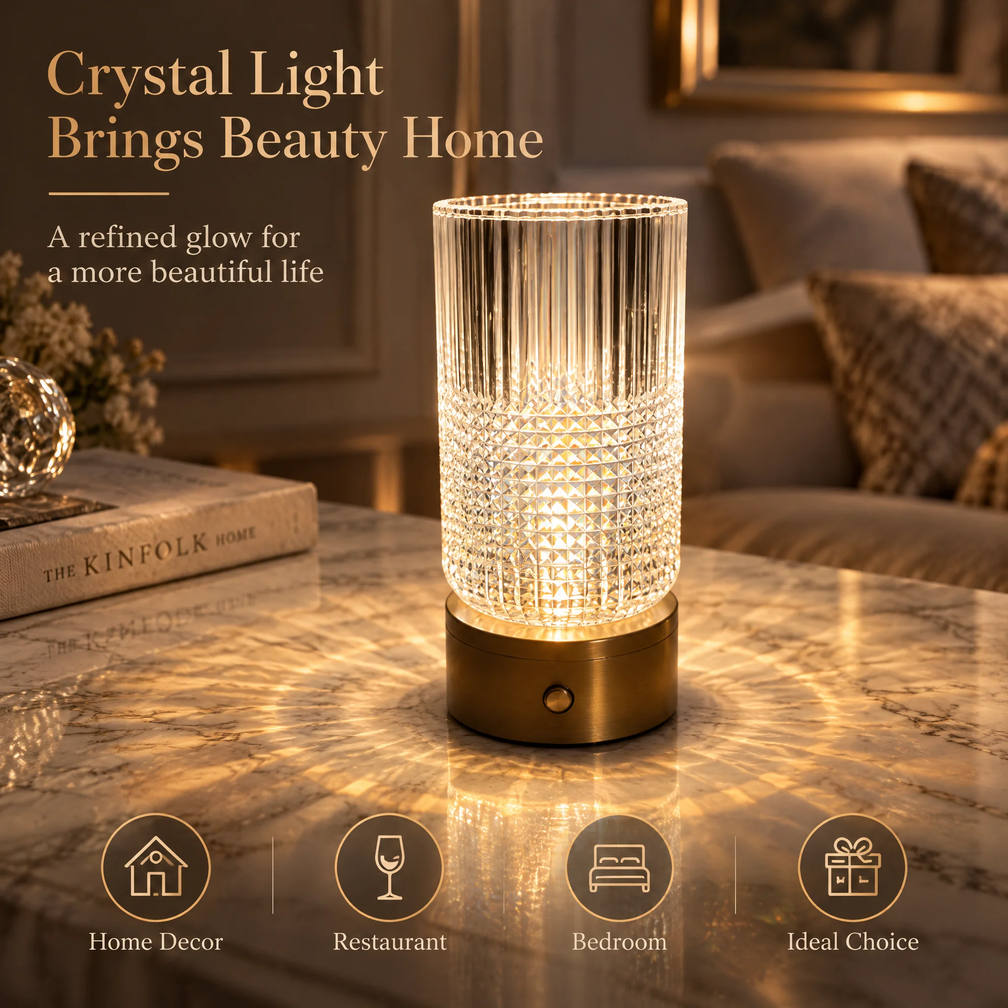 Touch Control Crystal DeskLamp,Wireless Rechargeable Dimmable LED Lamp,3Color Temperatures Ambient Light for Bedroom&DinnerTable