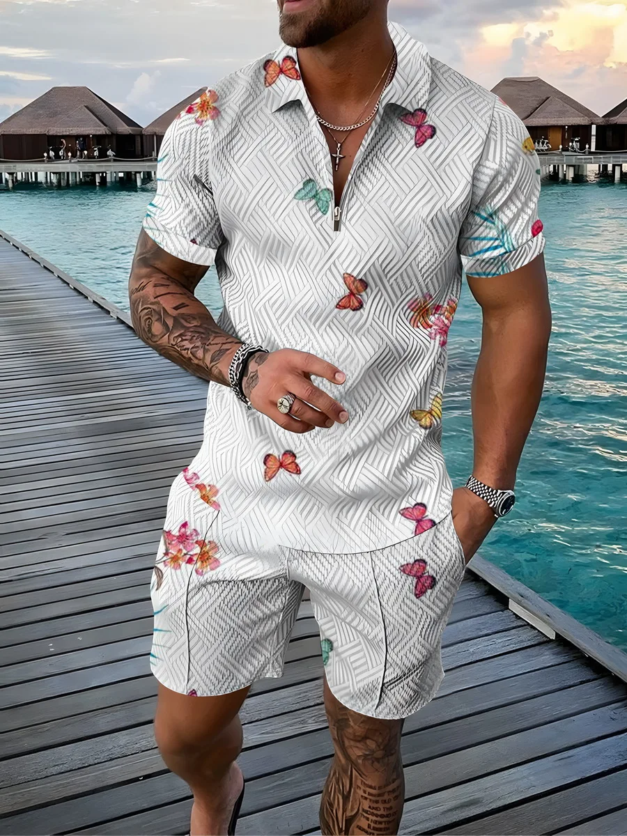 2022 European and American Men's Summer New Polo Shirt Suit Street Fashion Zipper Short-Sleeved T-Shirt Shorts Two-Piece Set