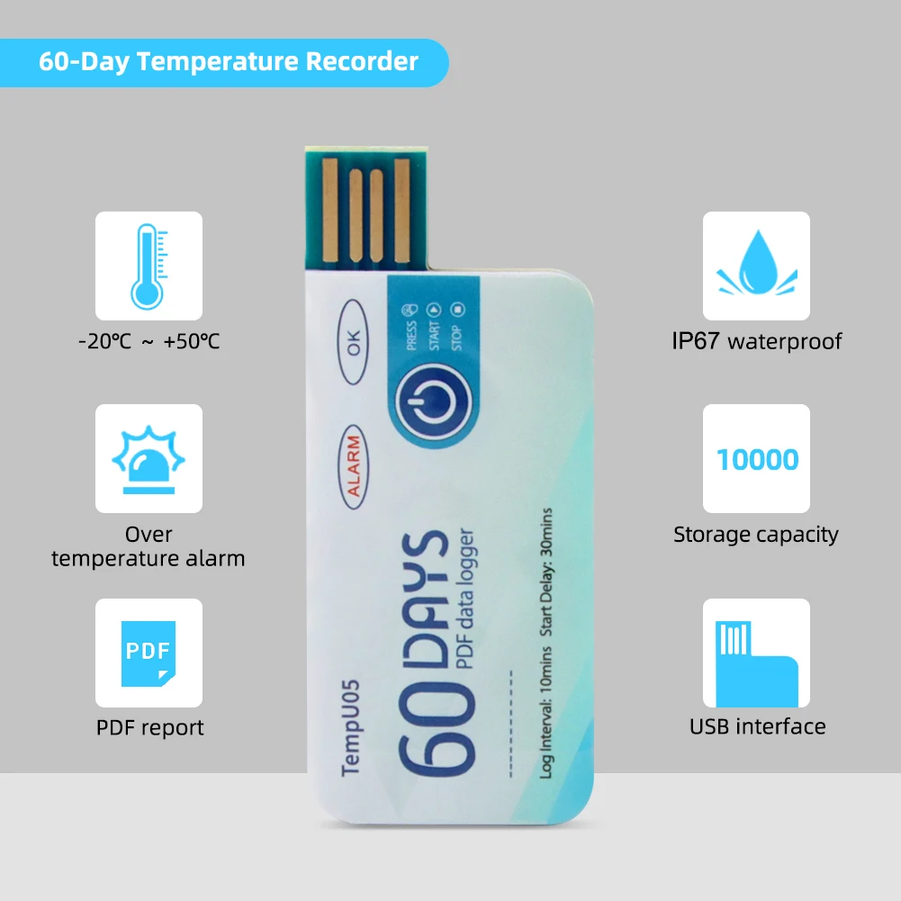 High Precision 60 Days USB Temperature Data Logger Alarm Thermometer Recorder Tester Report PDF for Lab Refrigerated Cold Chain