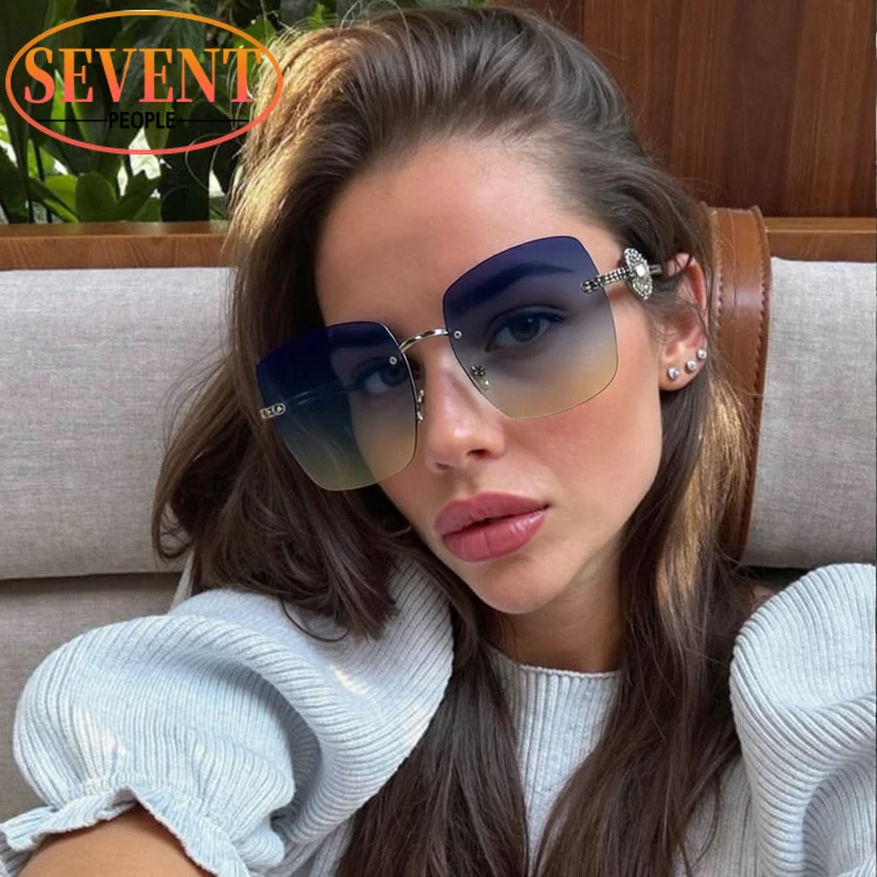 نظارات شمسية مربعة عصرية كبيرة الحجم بدون إطار 2025 ماركة فاخرة عتيقة Y2K بإطار معدني فاسق نظارة شمسية للسيدات بدون إطار