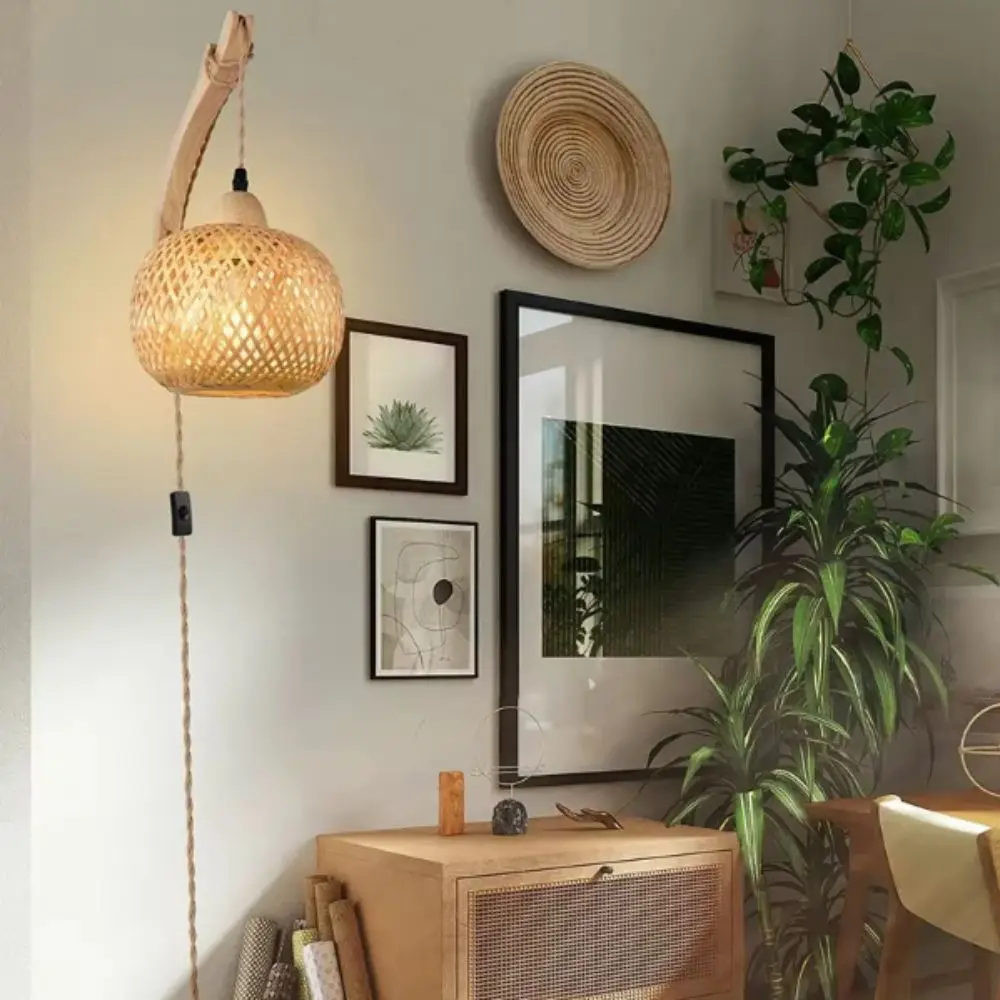 Natural Rattan Bamboo Lantern Wall Lamp Retro Style Creative Design Rattan Wicker Chandeliers Hand-Woven