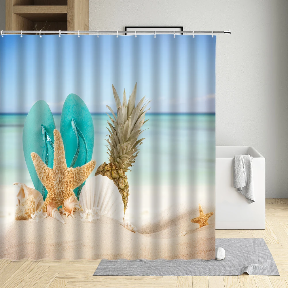 Summer Seaside Shower Curtain Starfish Conch Shell Pineapple White Sandy Beach Drifting Bottle Straw Hat Cloth Bathroom Decor