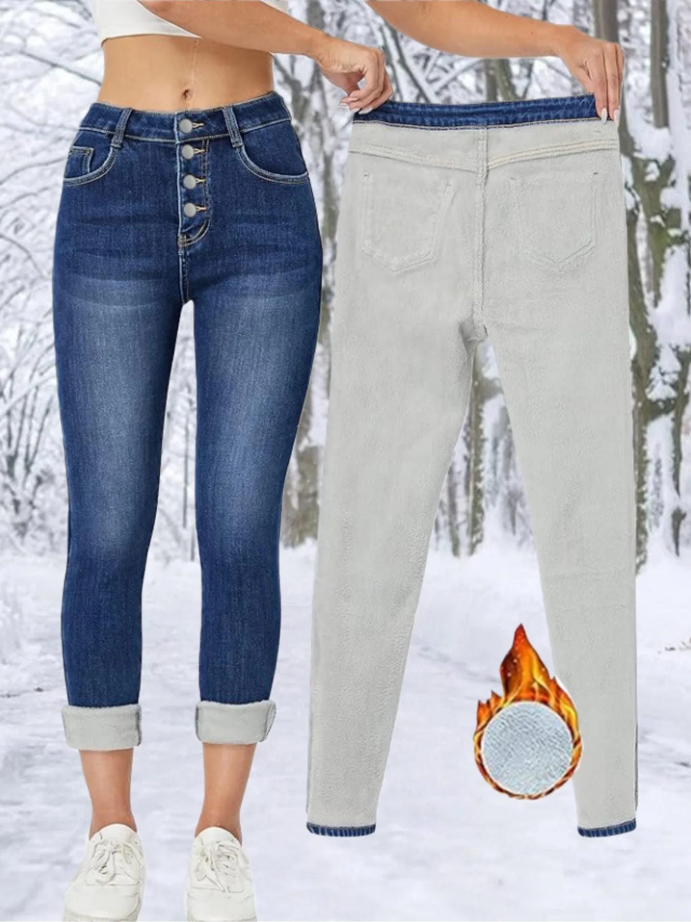 High Waist Button Fly Stretchy Washed Slim Fit Thickened Cold‑Resistant Versatile Women's Fleece Lined Jeans