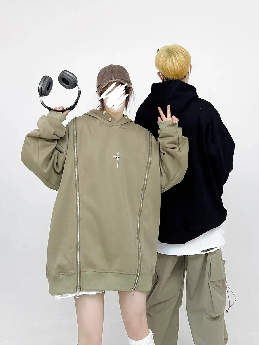 

Autumn Winter Unisex Sweater Double Zip Hoodie Vintage Unique Design Niche Hooded Outerwear Sweatshirt
