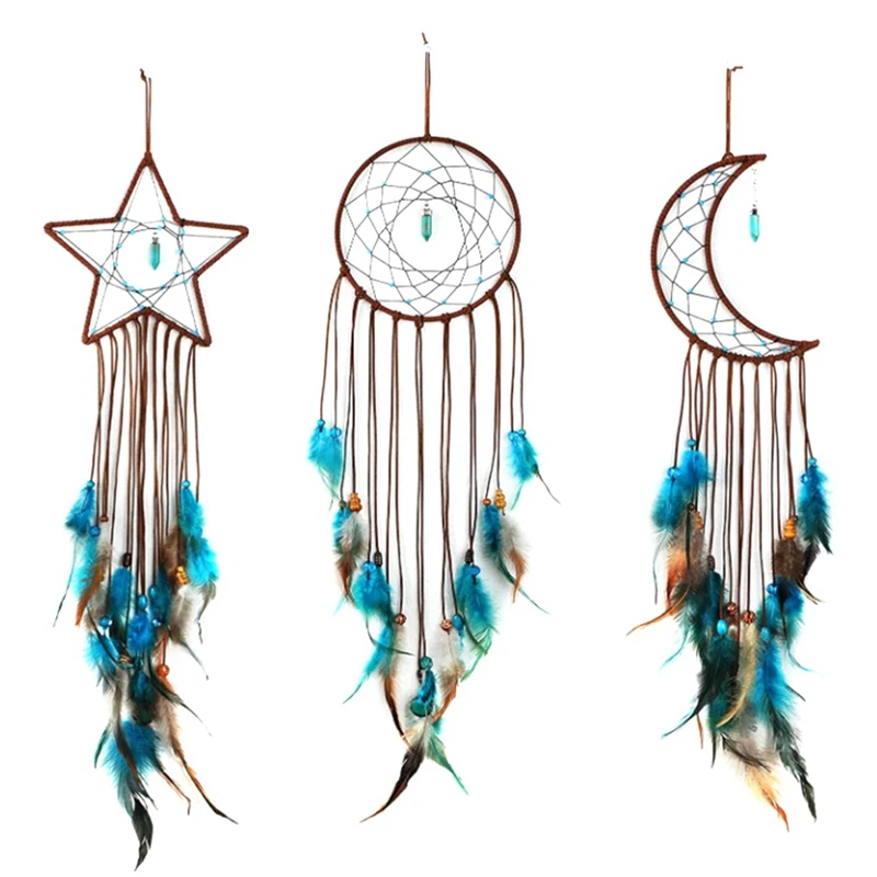 3 Pieces Dream Catcher Set With Light Moon Star Design Handmade Feather Lucky Turquoise Pendant Beads Wall Hanging Ornament Kit