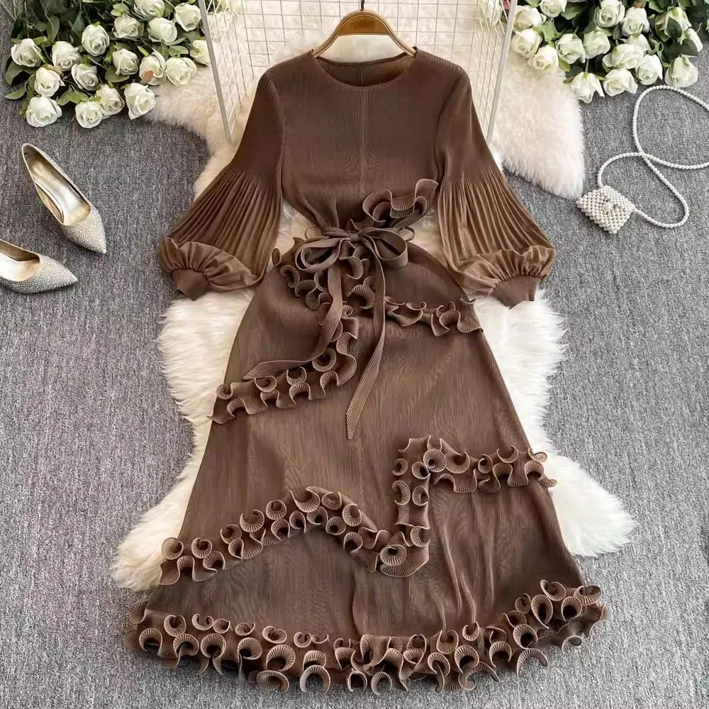 2024 New Fashion Spring Miyake Pleated Midi Dress Elegant Women Round Collar Long Sleeve Spliced Ruffles Long Party Clothing
