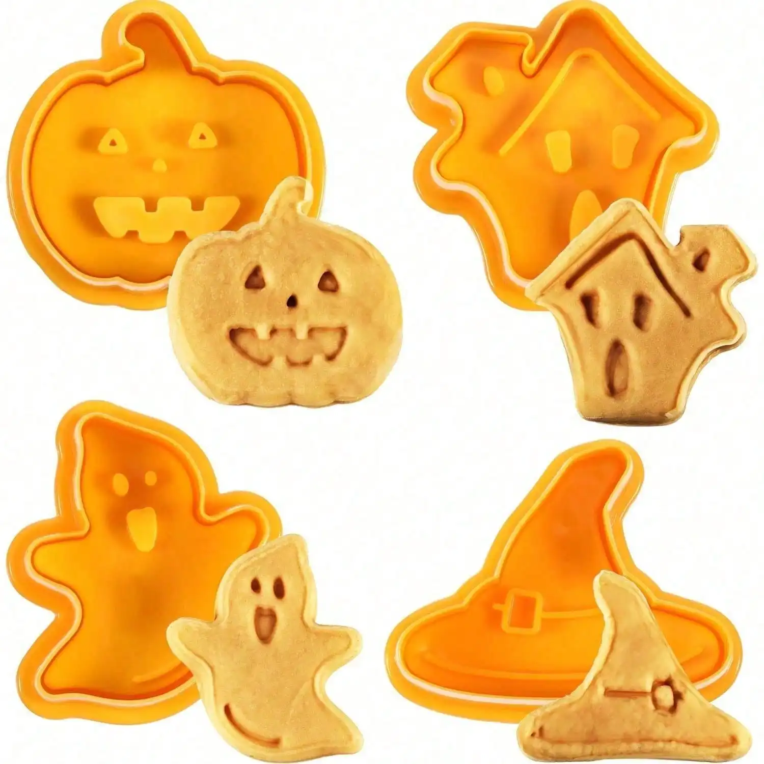 4 Pieces Halloween Cookie Cutters Set - Fondant Stamper, Pastry Cutter, Haunted House, Witch Hat, Ghost and Pumpkin Stamper