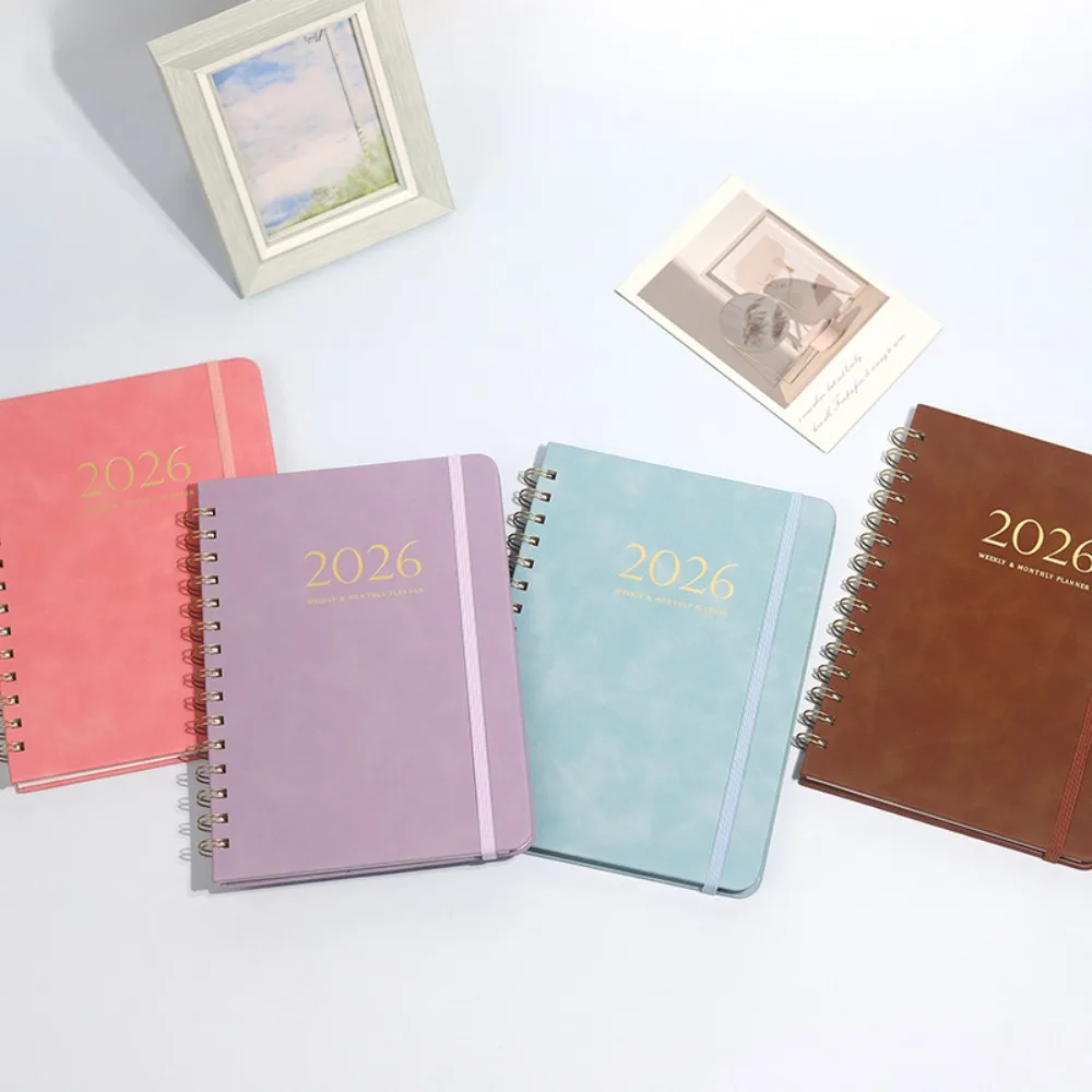 

1 Pc 2026 Weekly Monthly Planner Coil Schedules A5 Notebooks PU Leather Cover Daily Planner Notepads