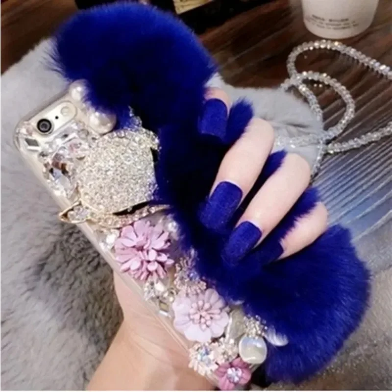 Luxury Diamond Warm Phone Case, Fluffy Soft Rabbit Fur Hair Bling Phone Cover, for Samsung S24, S21, S22, S23 Ultra, Note20