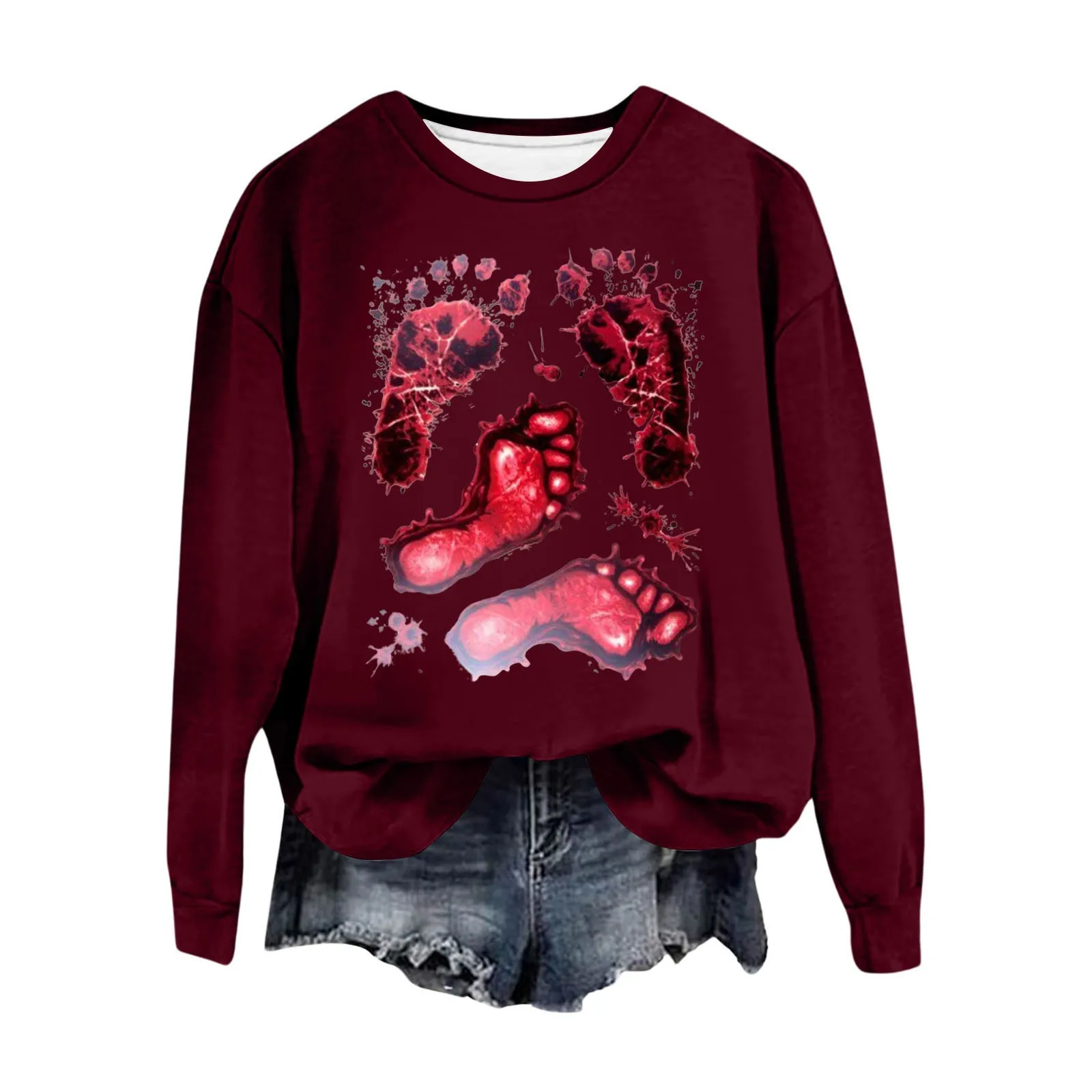 Felpa con cappuccio stampata Halloween da donna quattro impronte di sangue personalità tendenza moda Pullover girocollo manica lunga felpa con cappuccio Casual