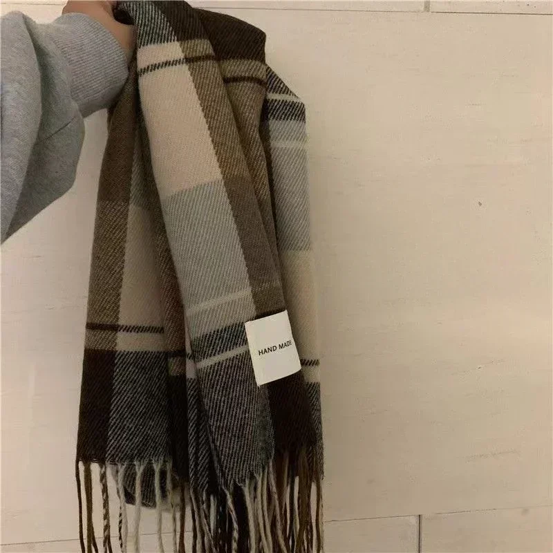 Korean Fashionable Scarves Simple Practical Checked Pattern Scarf Winter Warm Large Scarf Unisex Versatile Scarf