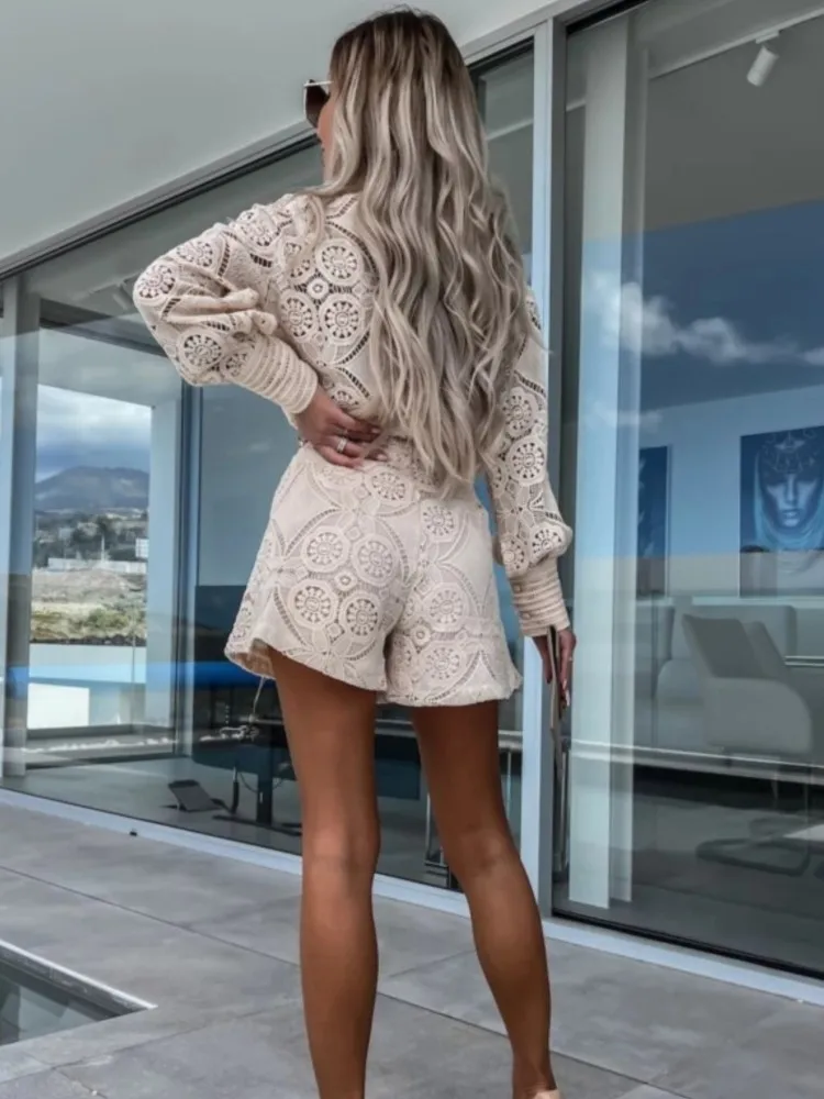 Vintage White Lace Shirt Shorts Sets Women Spring Summer Long Sleeve Button Top Shorts 2-częściowy zestaw Eleganckie stroje imprezowe Femme