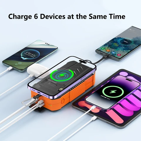 Солнечный Power Bank 40000 мАч с ручным динамо-генератором, беспроводной быстрой зарядкой, внешний аккумулятор 22.5 Вт, быстрое зарядное устройство для телефона и кемпинга