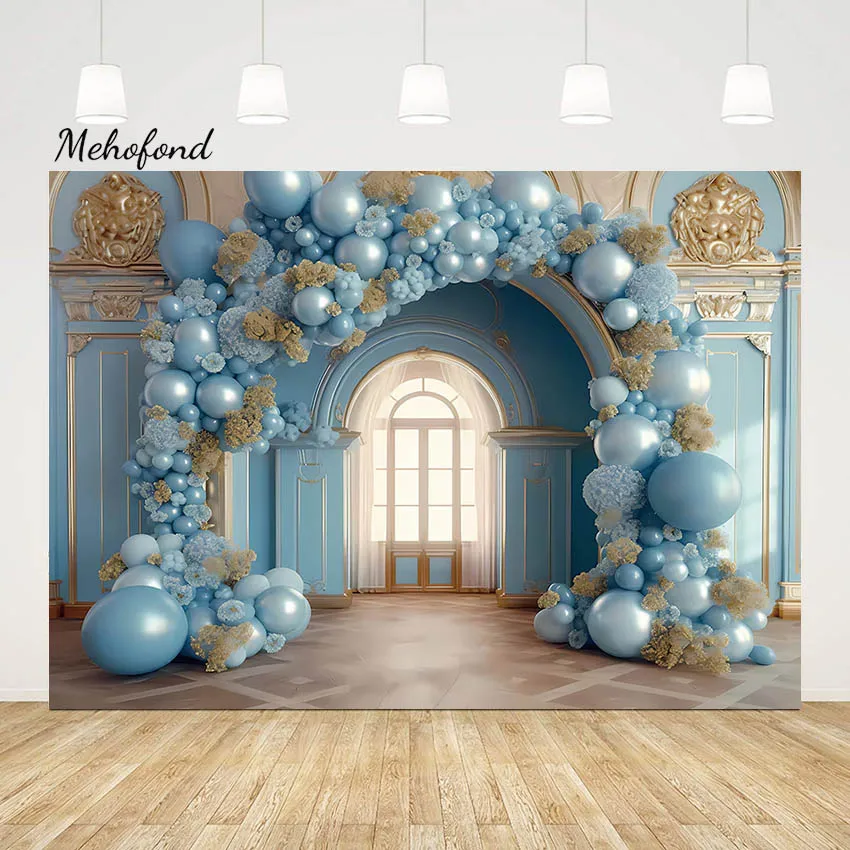 

Mehofond Photography Background Palace Arch Door Blue Balloon Decor Pregnant Portrait Child Birthday Party Backdrop Photo Studio