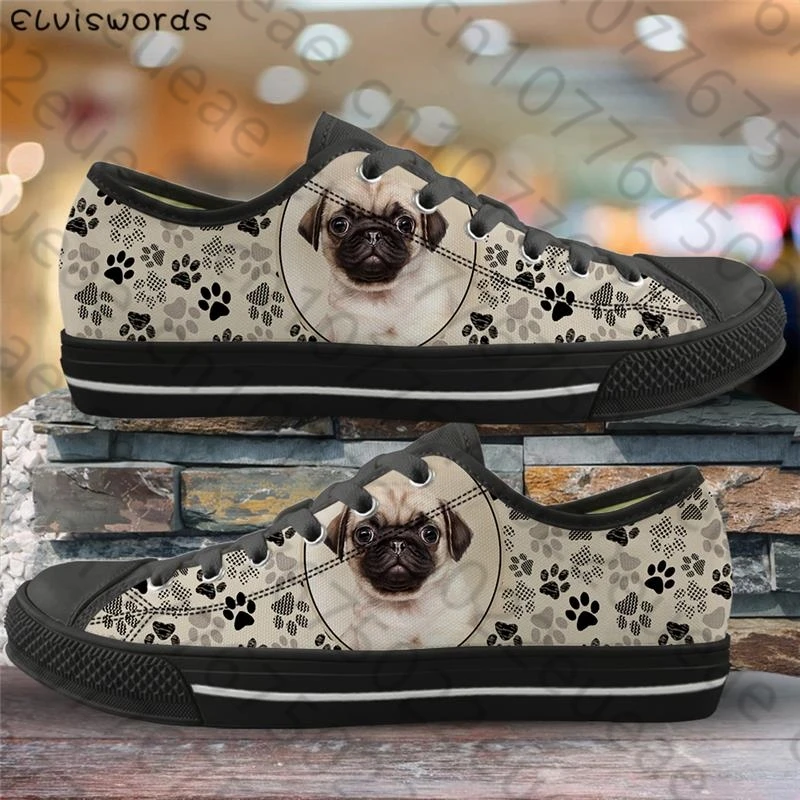 Canvas Vulcanized Shoes Dog Paw Selfie Pug Print Classic Low Top Flats for Women Light Comfortable Autumn Sneakers