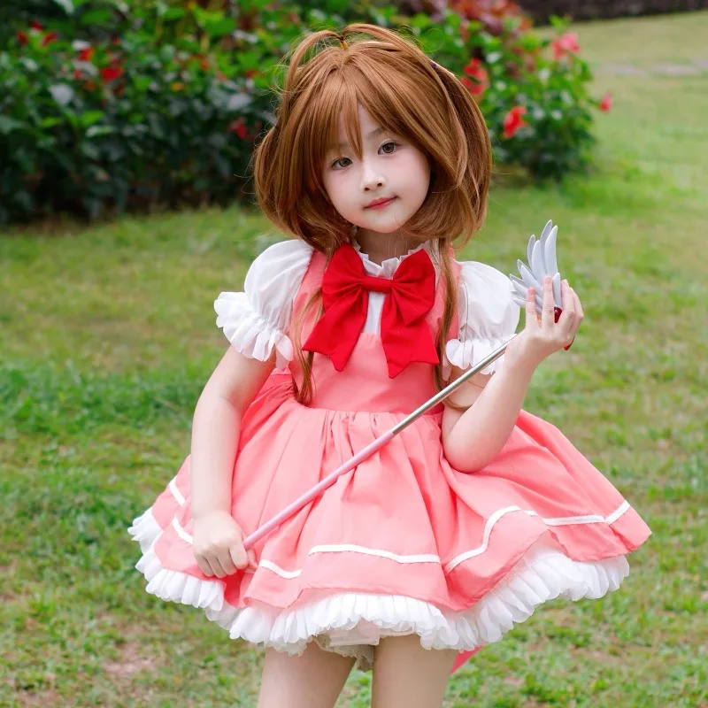 

Girls Anime Kinomoto Sakura Cosplay Costume Wig Magic Staff Lolita Dress Uniform Full Set Halloween Party Role Play Suit