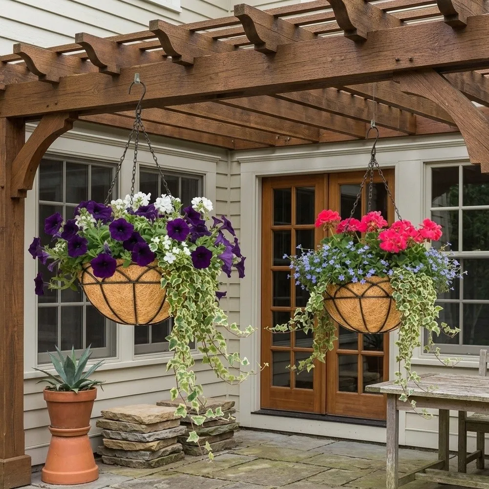 Hanging Plant 12 Inch Diameter Set of 2 with Iron Frame and Natural Coir Lining for Living Room Kitchen Hanging