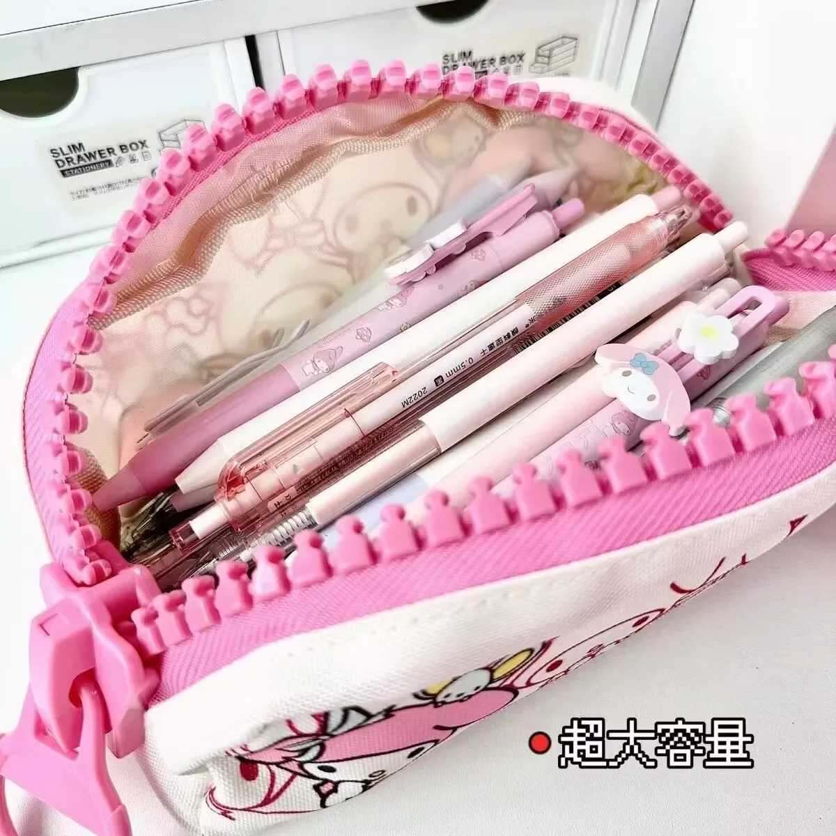 Sanrio Pen Bag Girls Cartoon Cute Melody Print Zipper Makeup Bag Student Large Capacity Stationery Storage Pencil Bag Gift