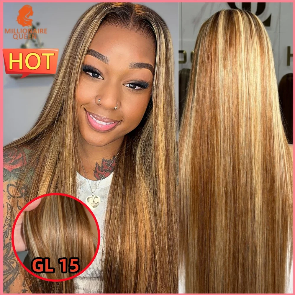 

Парик из натуральных волос 300% Honey Blonde с коричневыми корнями и мелированием, предварительно прорезанный, с мелированием 613, кружевной фронтальный парик 13x4 для женщин