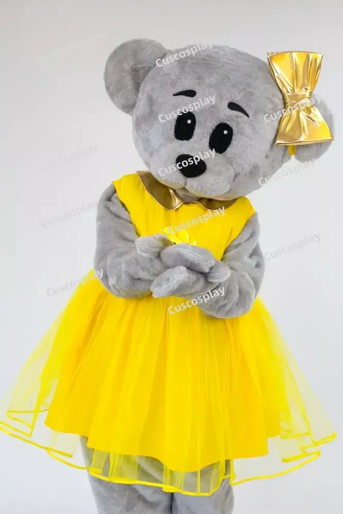 فستان أصفر رمادي تيدي بير زي التميمة شخصية ملاهي Funfair الرسوم المتحركة فستان بتصميم حالم حفلة عيد الهالوين