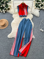 SINGREINY Summer Stripe Y2K 2pcs Sets Sleeveless Stand Collar Zipper Tops+Patchwork Pants Fashion American Style Women Outfits