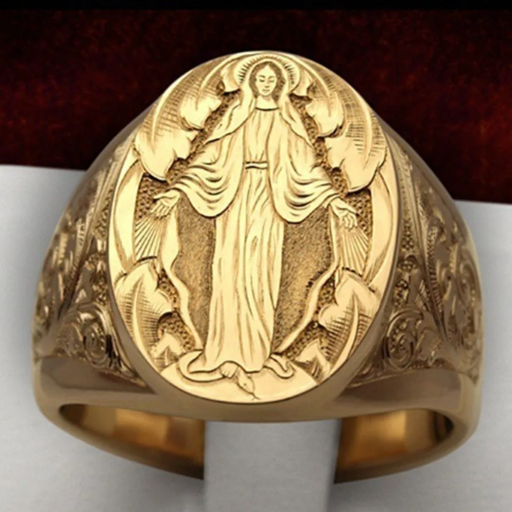 A Creative Virgin Mary Blessing Handpiece Emblem Ring with Gold Plated European and American Style Couple Festival Gift