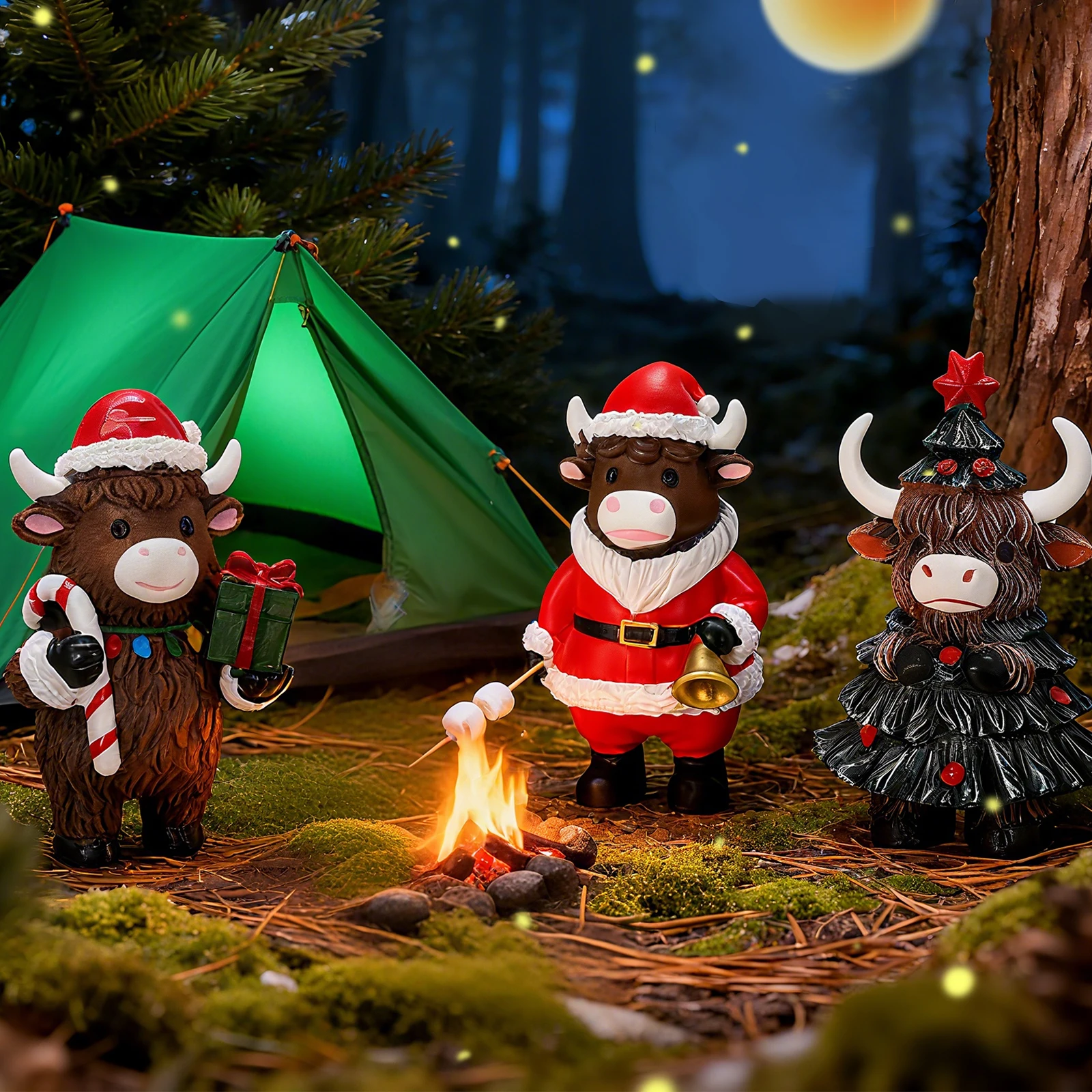 3 個のハイランド牛の置物スコットランドのクリスマスツリーの装飾牛キルト付きサンタ帽子スコットランドのお土産ホリデーホームデコレーション