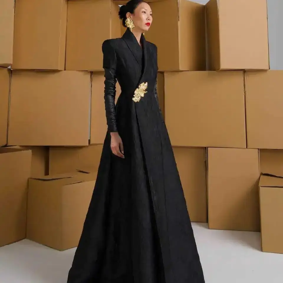 Elegant Women Long Blazer Floral Jacquard Tuxedos Shawl Lapel Lady Slim Fit Floor Length Coat Custom Made Only Jacket