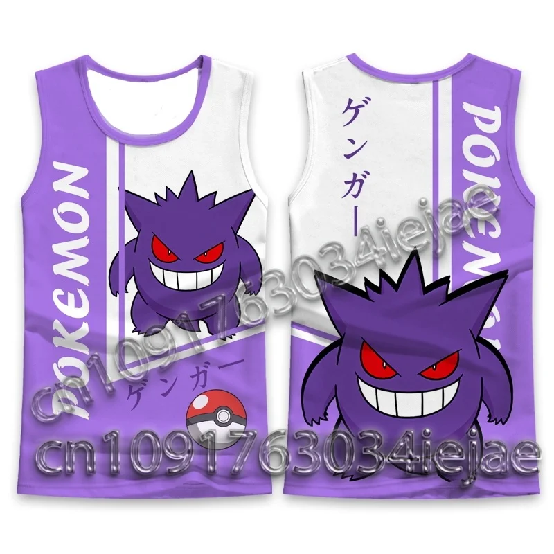 

Summer New Children Vest T Shirt Pokemon Gengar Cartoon Round Neck Fitness Sports Vintage Sleeveless Cassual Kids/Adult Tops