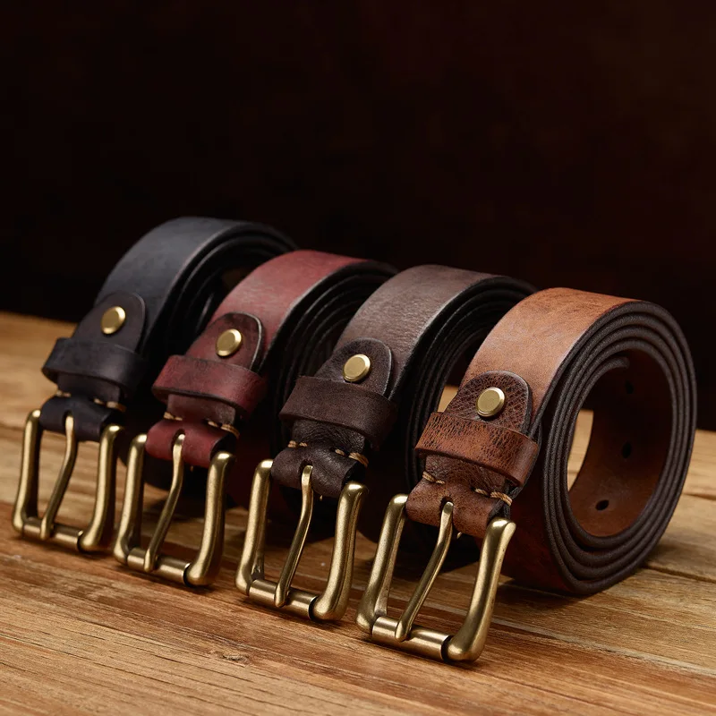 3.5 width vintage genuine cowhide men's belt copper buckle casual versatile jeans belt men's formal shoulder strap