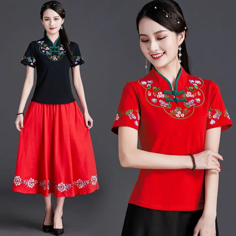 Chinese Style Clothing Women Vintage Floral Print Qipao Tops Hanfu Tee Shirt Qi Pao Tang Suit Blouse T-Shirt Cheongsam Top V1938