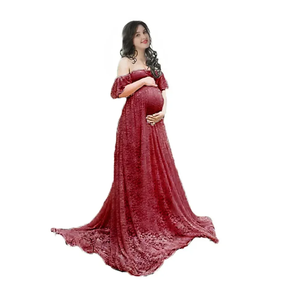 Women Pregnancy Dress for Photography Off Shoulder Ruffles Sleeveless Lace Maternity Long Dress Baby Shower Evening Gown