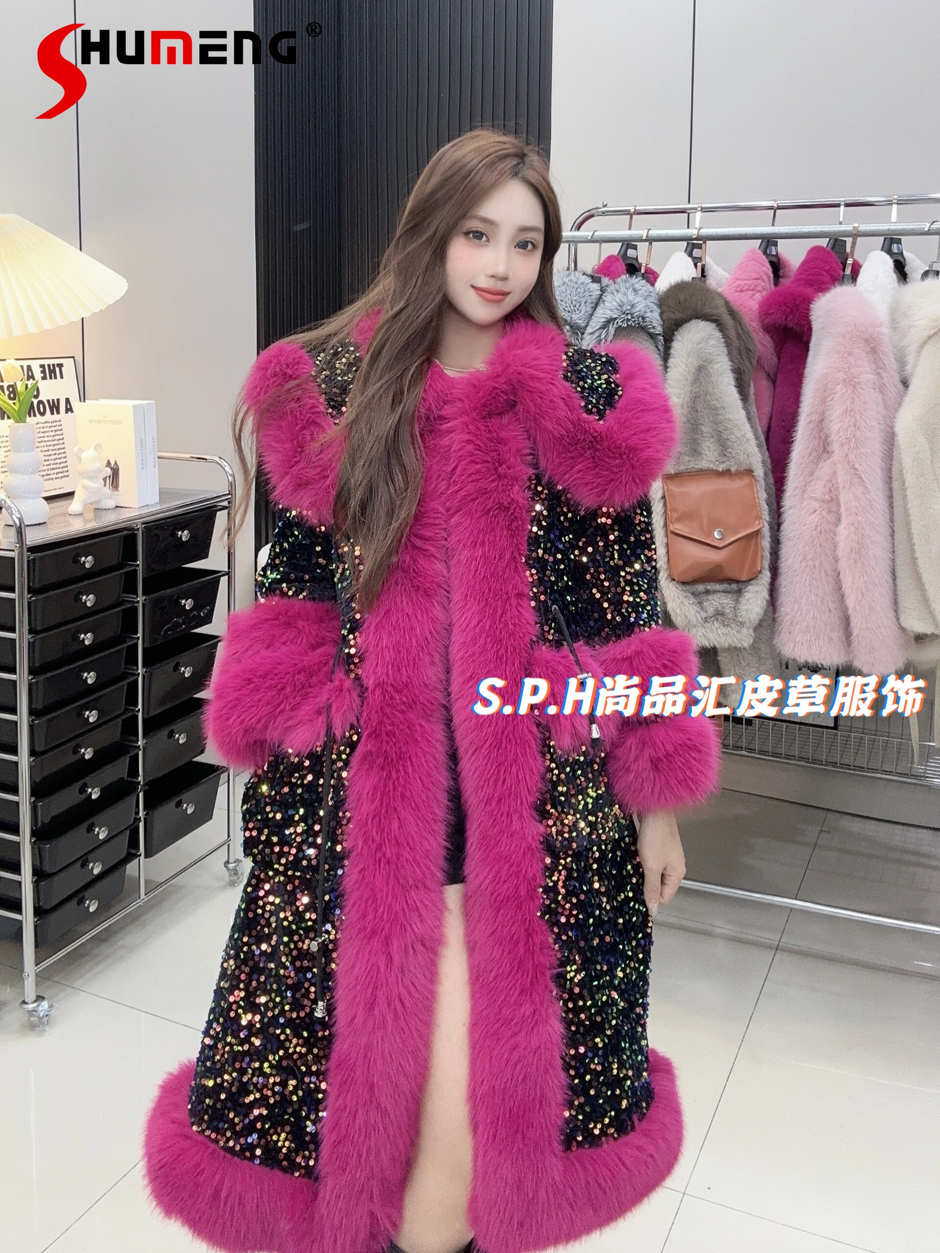 

Shiny Star Pocket Faux Fur 2024 Winter New Feminine Long Waist-tight Princess Style Sequins Fur European Mink Long Sleeve Jacket