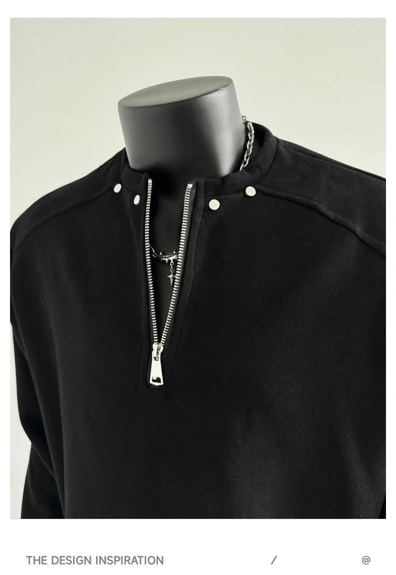 Autumn  New Thickened Sweater Fashionable Trendy Men's Long-sleeved T-shirt Zipper Rivet Semi-turtleneck Handsome Black Top